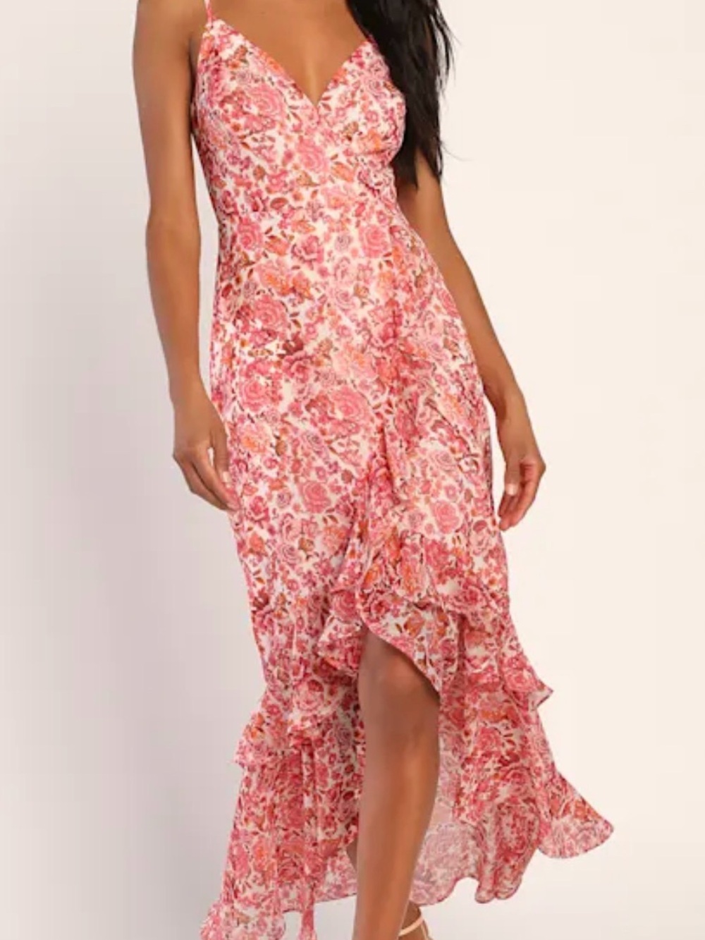Lulus Always Enchanting Pink Floral Metallic Ruffled High-Low Dress